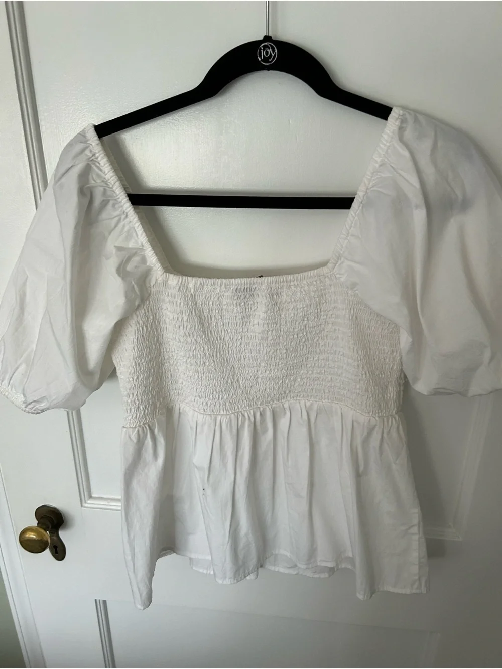 LOFT White Square Neck Puff Sleeve Smocked Peplum Top